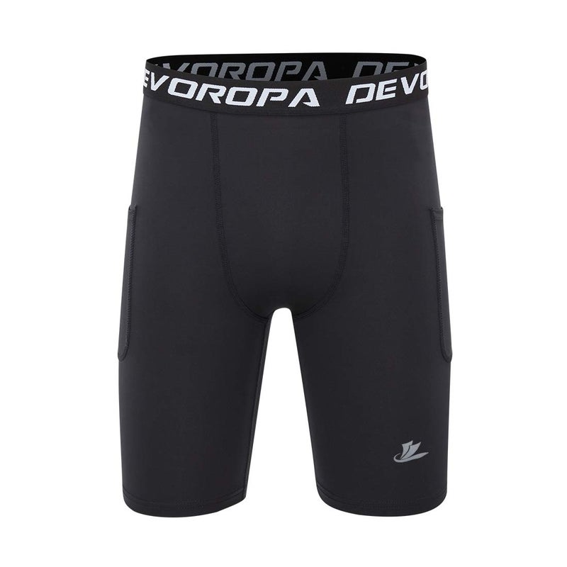 DEVOROPA Youth Boys' Compression Shorts Performance Athletic Base Layers Workout Training Underwear Side Pocket Black/Black L (Pack of 2) - Image 2
